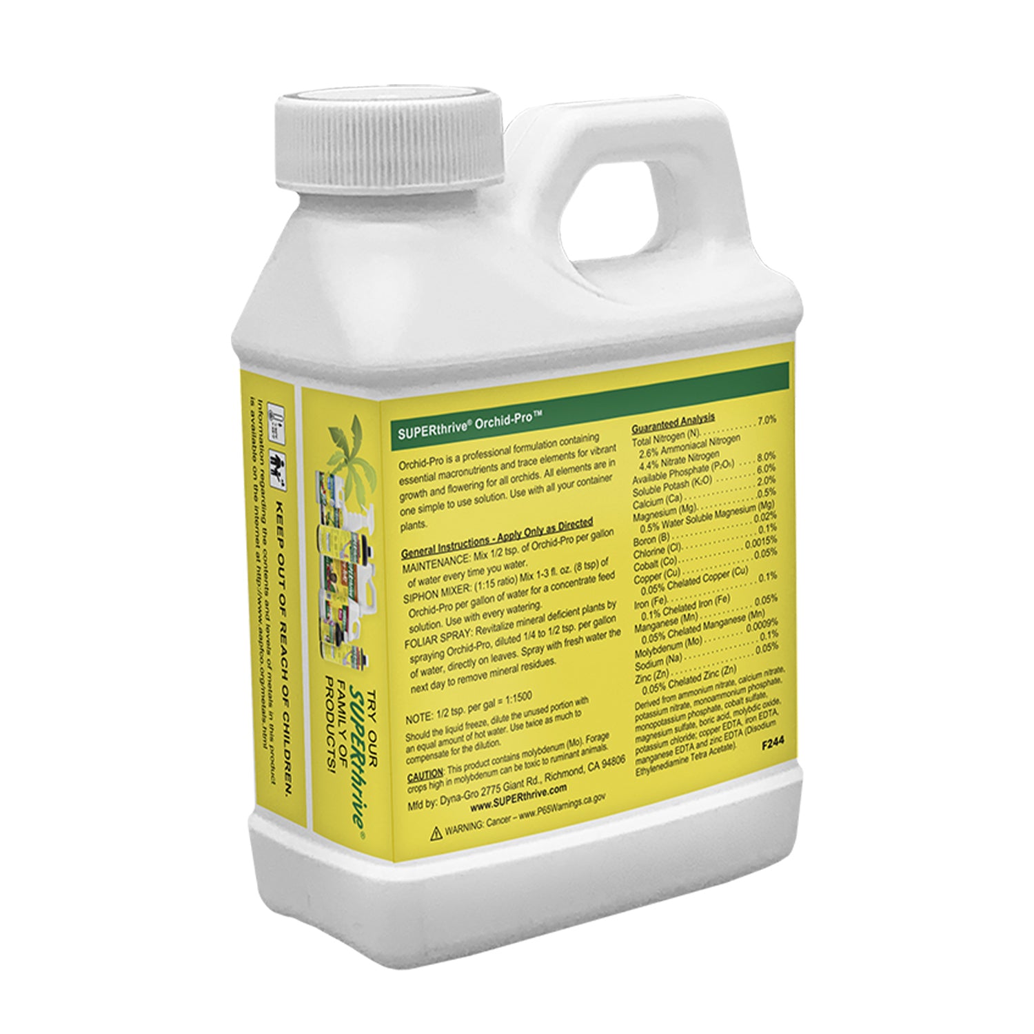 A bottle of SUPERthrive Orchid-Pro 7-8-6 Plant Food, with labeling showing an orchid and nutritional information.